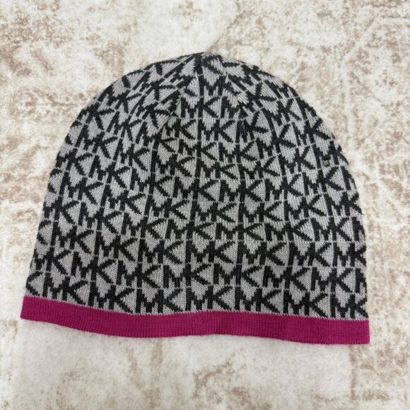 Michael Kors Hat Beanie Womens One Size Gray Black MK Logo Print Pink Trim Knit - Picture 1 of 4